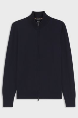 Zip-up sweater in merino wool, Dark Blue