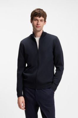 Zip-up sweater in merino wool, Dark Blue