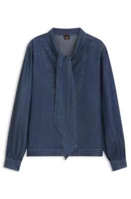 Denim-look blouse with scarf detail, Blue