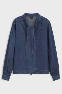 Camicetta effetto denim con dettaglio sciarpa, Blu