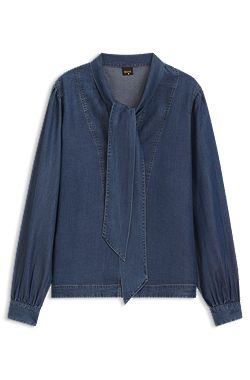 Denim-look blouse with scarf detail