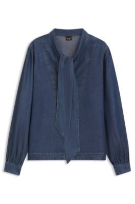 Denim-look blouse with scarf detail