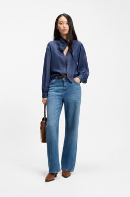 Camicetta effetto denim con dettaglio sciarpa, Blu