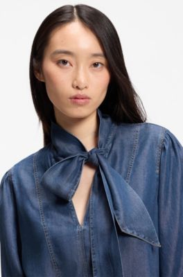 Camicetta effetto denim con dettaglio sciarpa, Blu