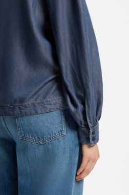 Camicetta effetto denim con dettaglio sciarpa, Blu