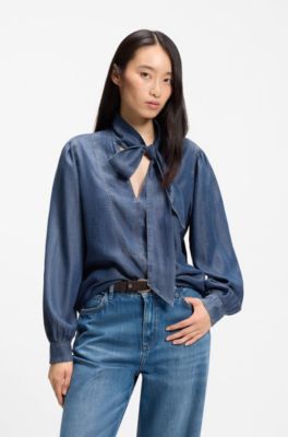 Camicetta effetto denim con dettaglio sciarpa, Blu