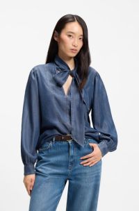 Denim-look blouse with scarf detail, Blue