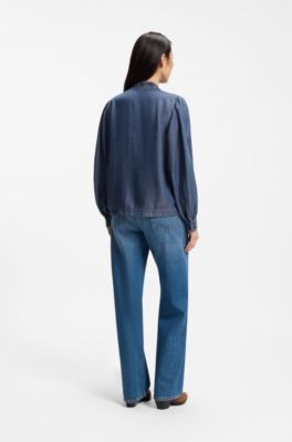 Skjorte med denimlook og t&oslash;rkl&aelig;dedetalje, Bl&aring;