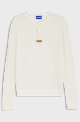 Relaxed-fit Henley sweater in waffle cotton, Natural