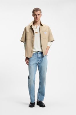 Relaxed-fit Henley sweater in waffle cotton, Natural