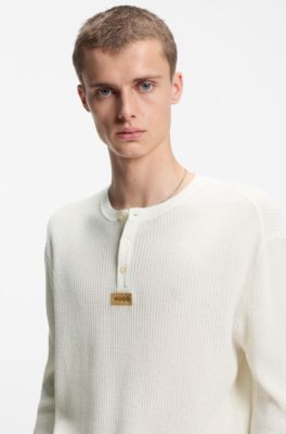 Relaxed-fit Henley sweater in waffle cotton, Natural