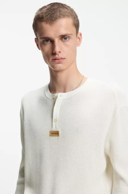 Relaxed-fit Henley sweater in waffle cotton