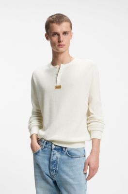 Relaxed-fit Henley sweater in waffle cotton, Natural