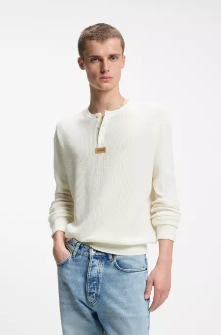 Relaxed-fit Henley sweater in waffle cotton