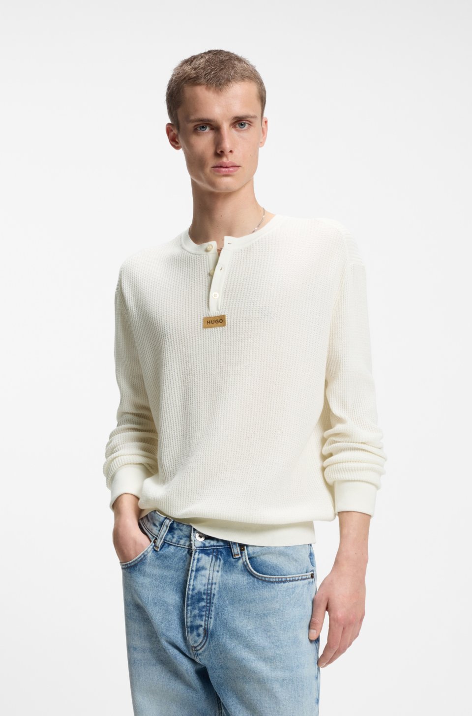 Relaxed-fit Henley sweater in waffle cotton