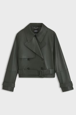 Leather jacket with trench styling, Dark Green