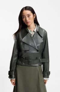 Veste en cuir style trench, Vert sombre