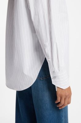 Relaxed-fit blouse in striped cotton poplin, White Patterned