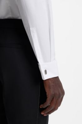 Camicia slim fit in popeline di cotone lavorato, Bianco
