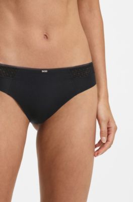 Low-rise briefs with gold plaque and lace monogram, Black