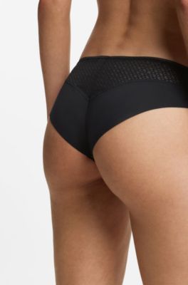 Low-rise briefs with gold plaque and lace monogram, Black