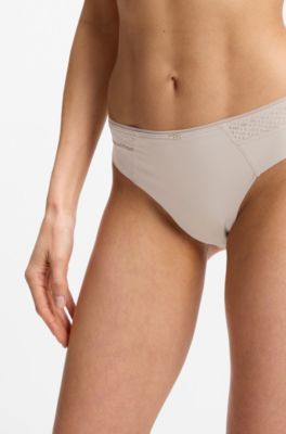 Low-rise briefs with gold plaque and lace monogram, Light Beige