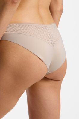 Low-rise briefs with gold plaque and lace monogram, Light Beige