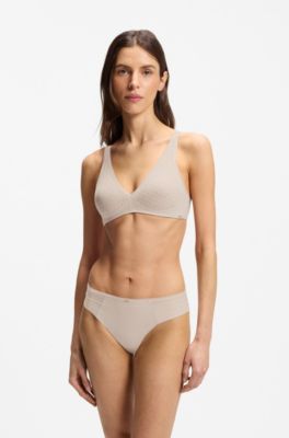 Low-rise briefs with gold plaque and lace monogram, Light Beige