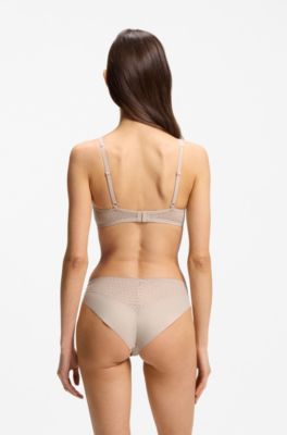 Low-rise briefs with gold plaque and lace monogram, Light Beige