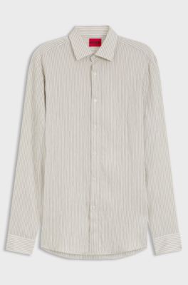 Modern-fit shirt in striped seersucker, Beige stripes