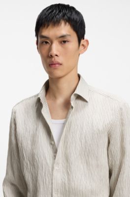 Modern-fit shirt in striped seersucker, Beige stripes