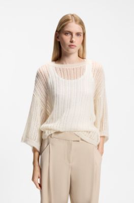 Oversized-fit sweater with open knit, Light Beige
