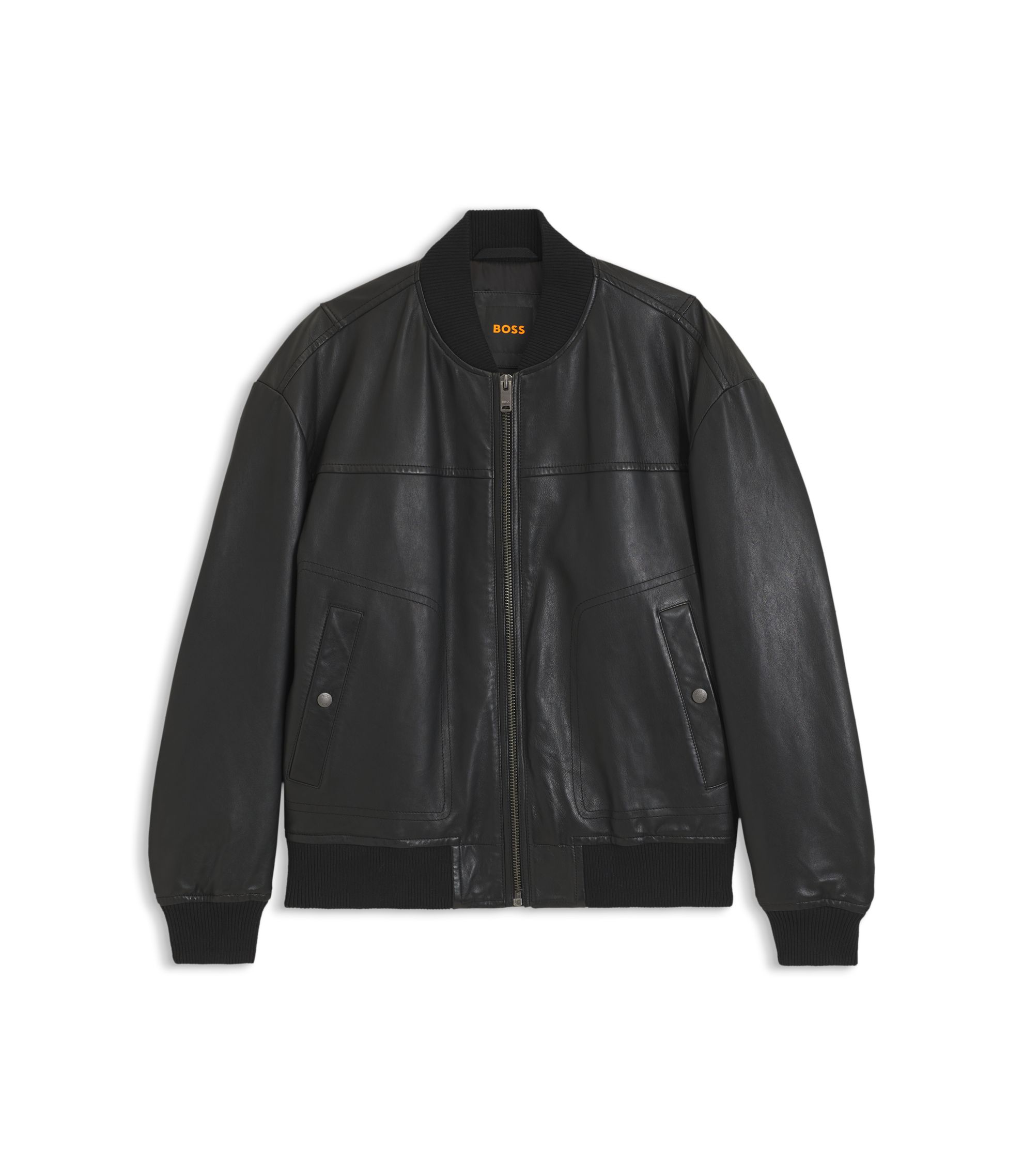 HUGO BOSS レザー ジャケット ボンバーネック 黒 白 48 MA1 BOSS - Regular-fit bomber jacket in nappa leather - Black