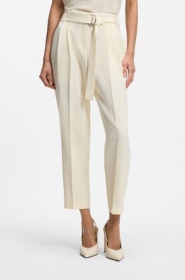 Pantalon coupe fusel&eacute;e en cr&ecirc;pe japonais &agrave; ceinture, Naturel