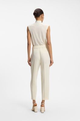 Tapered-fit trousers in Japanese crepe with belt, Natural