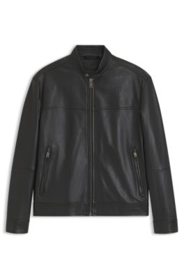 BOSS - スリムフィット レザージャケット バイカーディティール - ブラック
