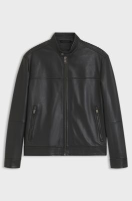 Slim-fit leren jas met bikerdetails, Zwart