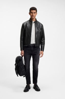 Slim-fit leren jas met bikerdetails, Zwart
