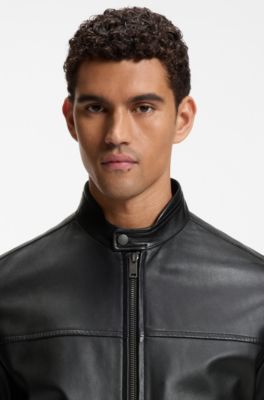Slim-fit leren jas met bikerdetails, Zwart