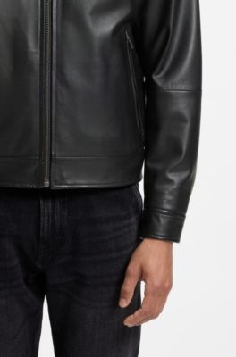 Slim-fit leren jas met bikerdetails, Zwart