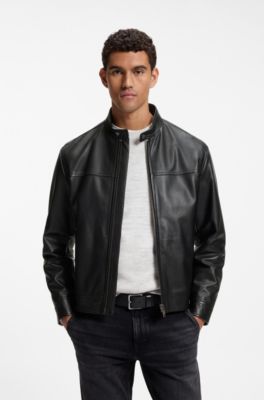 Slim-fit leren jas met bikerdetails, Zwart