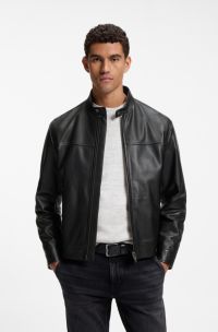 Slim-fit leather jacket with biker details, Black