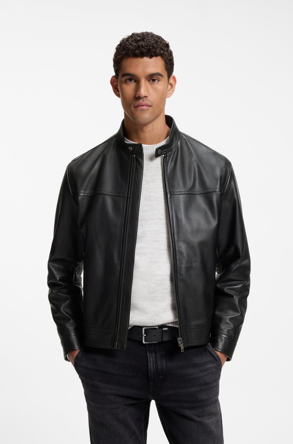 Slim-fit leather jacket with biker details