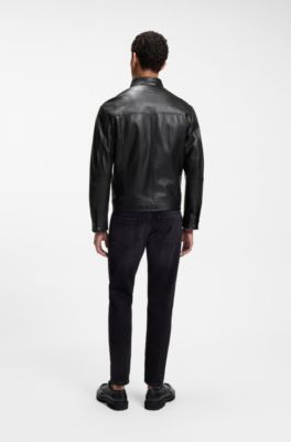 Slim-fit leren jas met bikerdetails, Zwart