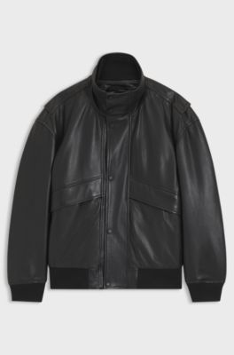 Padded leather bomber jacket with flap pockets, Black