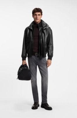 Padded leather bomber jacket with flap pockets, Black