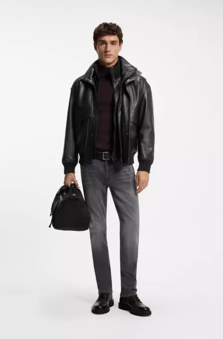Padded leather bomber jacket with flap pockets