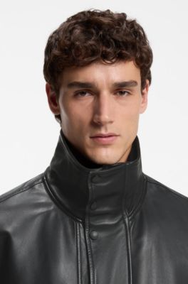 Padded leather bomber jacket with flap pockets, Black
