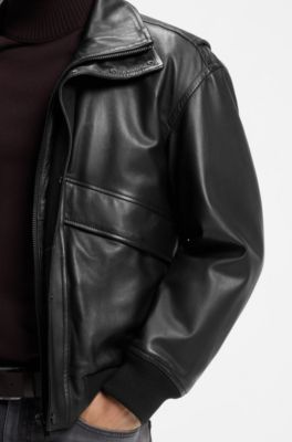 Padded leather bomber jacket with flap pockets, Black