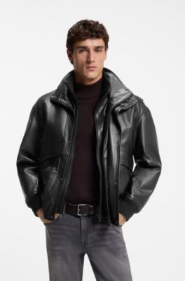 Padded leather bomber jacket with flap pockets, Black